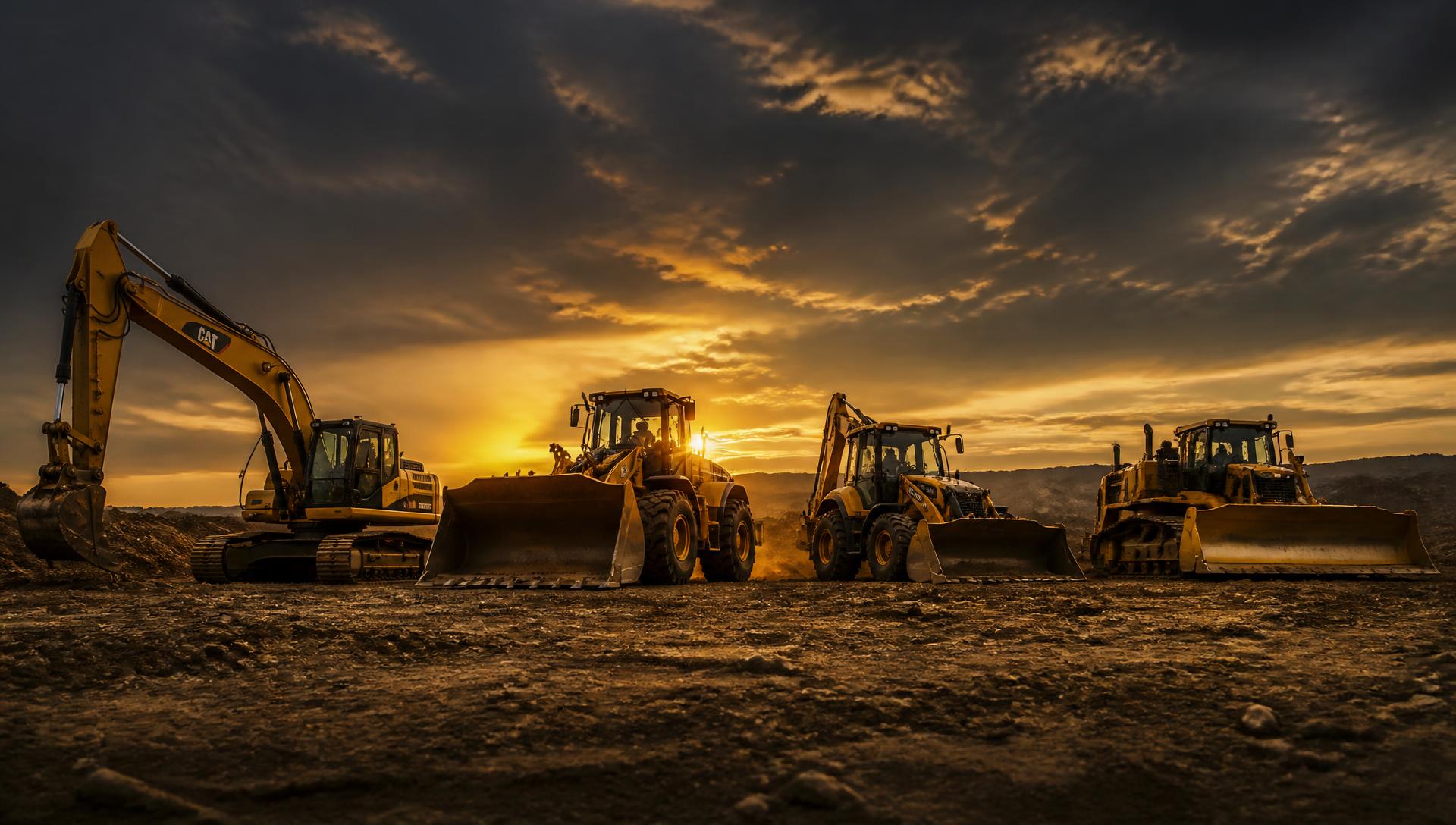 Excavator, wheel loader, backhoe loader and bulldozer on a construction site at dusk